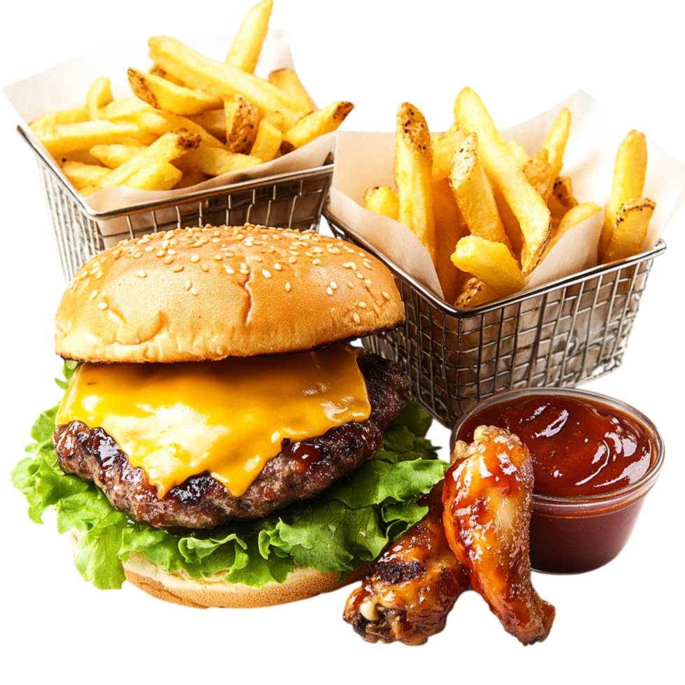 Juicy cheeseburger served with crispy fries and tangy chicken wings symbolizing indulgence and the satisfying flavors of fast food png