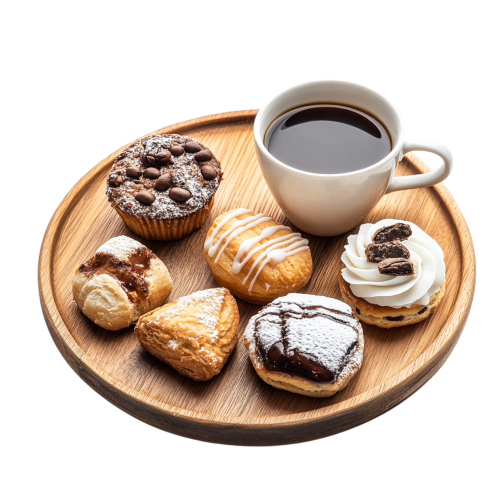 Wooden tray with a cup of coffee and an assortment of pastries symbolizing indulgence and the comforting pleasure of a delicious breakfast png
