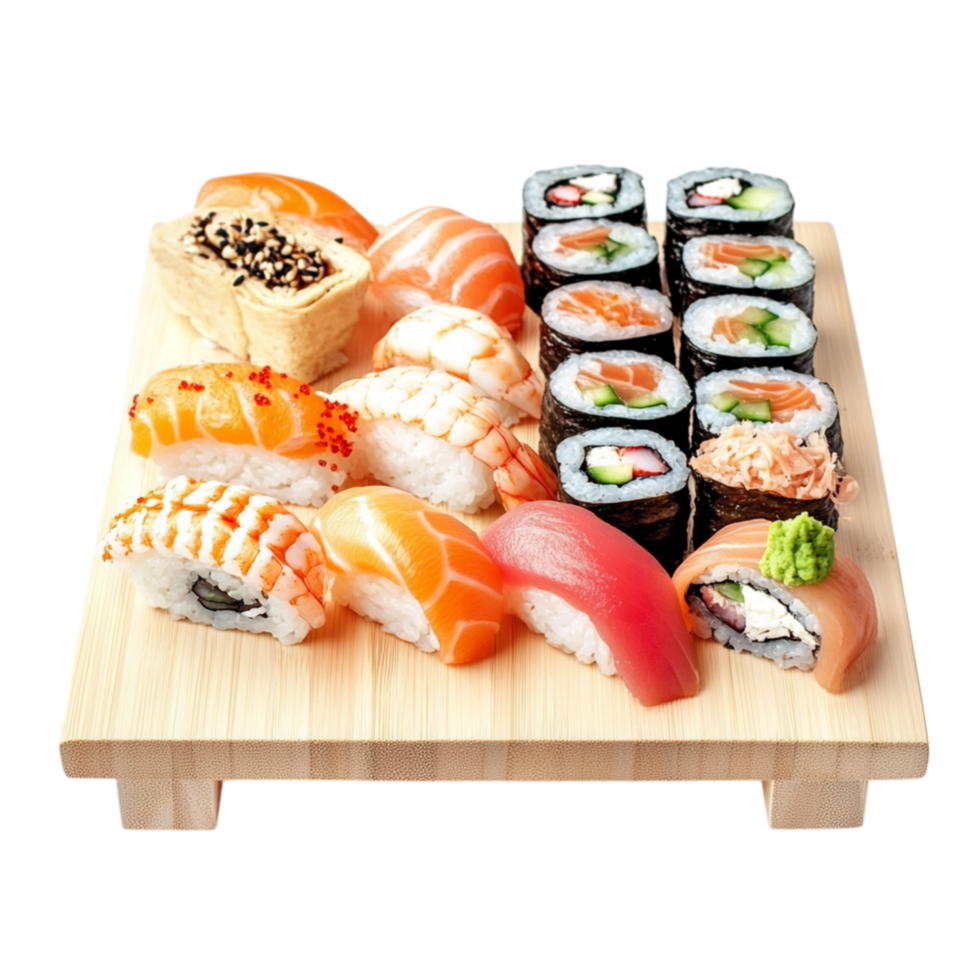 Wooden sushi platter arranged with nigiri rolls and sashimi pieces symbolizing tradition and the delicateistry of Japanese cuisine png