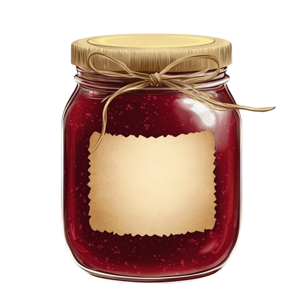 Glass jar of deep red jam with a blank label and twine bow symbolizing homemade goodness and the delightful taste of preserved fruit png
