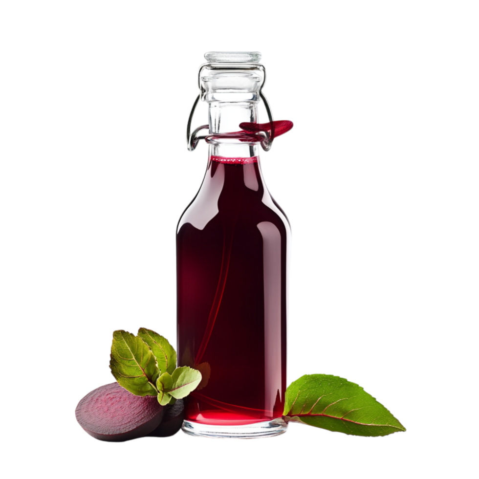 Glass bottle of rich dark fruit syrup with leaves beside it symbolizing sweetness and the natural goodness of carefully crafted flavors png