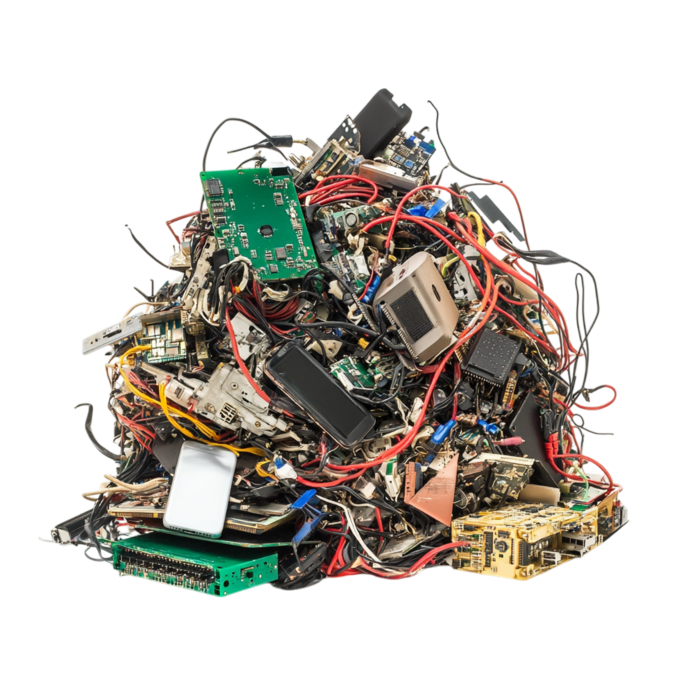 Pile of tangled electronic waste with wires and circuit boards symbolizing technology and the growing impact of digital consumption png