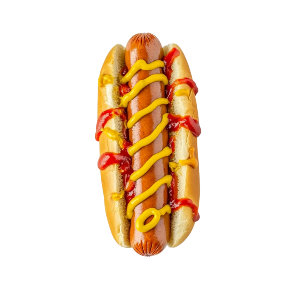 Traditional hot dog with ketchup and mustard on a soft bun represents simplicity comfort and the timeless appeal of a quick and tasty snack png