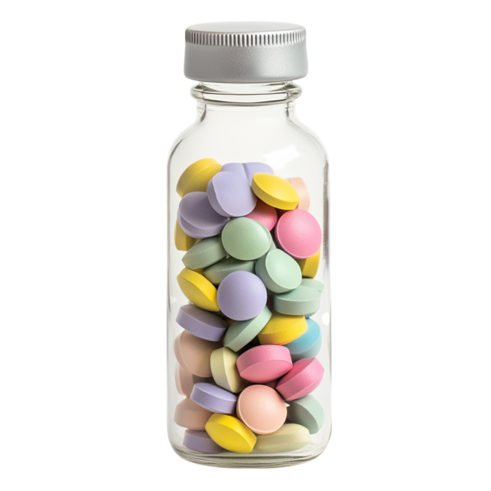 Glass bottle filled with colorful candycoated tablets represents childhood nostalgia sweetness and the playful joy of sugary treats png