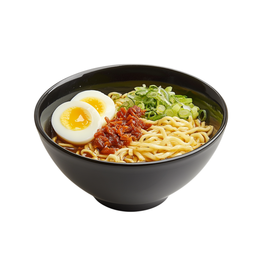 Black bowl filled with steaming ramen noodles topped with a boiled egg and green onions represents tradition comfort and the rich taste of an authentic Asian dish png