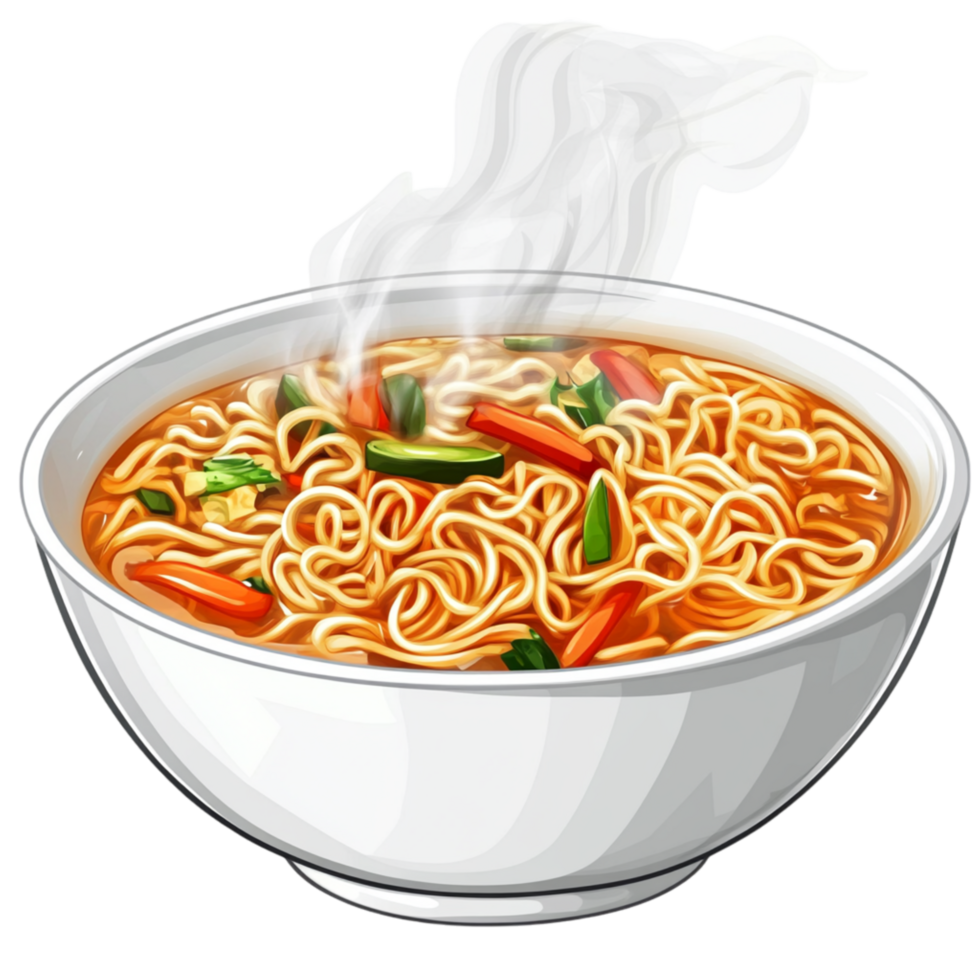 Illustrated bowl of steaming hot ramen garnished with green onions and chili peppers represents warmth satisfaction and the comforting embrace of a flavorful soup png