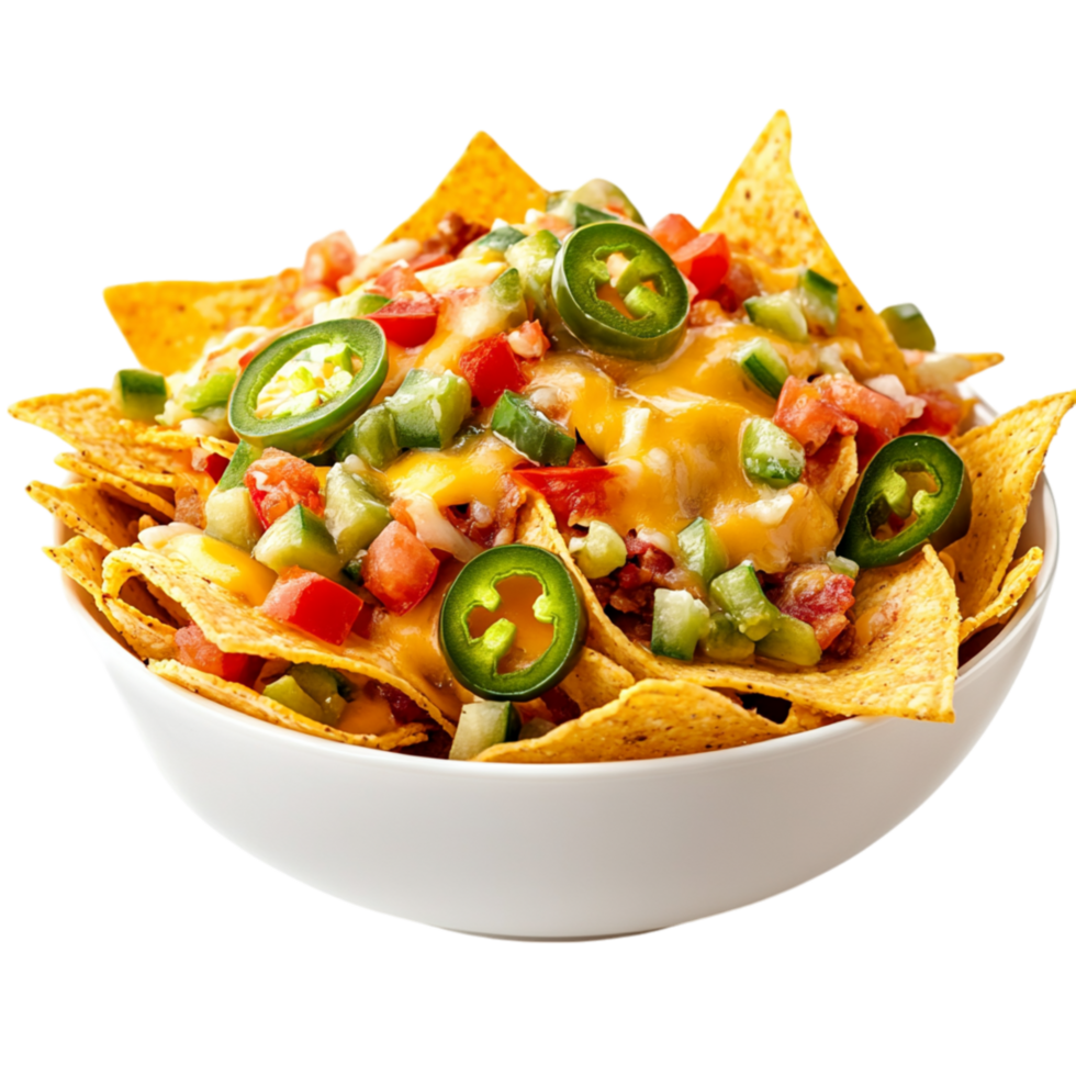 Crispy nachos topped with melted cheese and fresh salsa in a white bowl represent spice indulgence and the ultimate snack for sharing with friends png