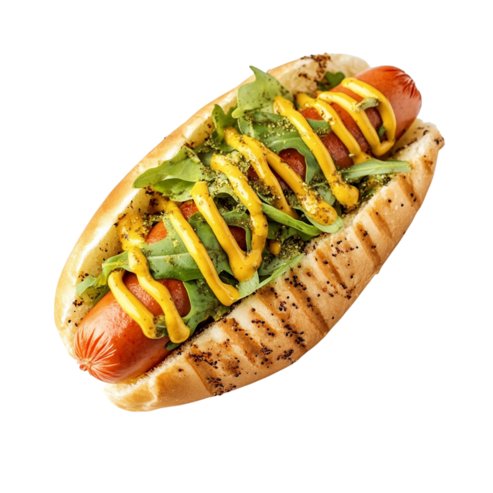 Grilled hot dog in a toasted bun topped with mustard and relish represents flavor satisfaction and the perfect combination of smoky and tangy tastes png