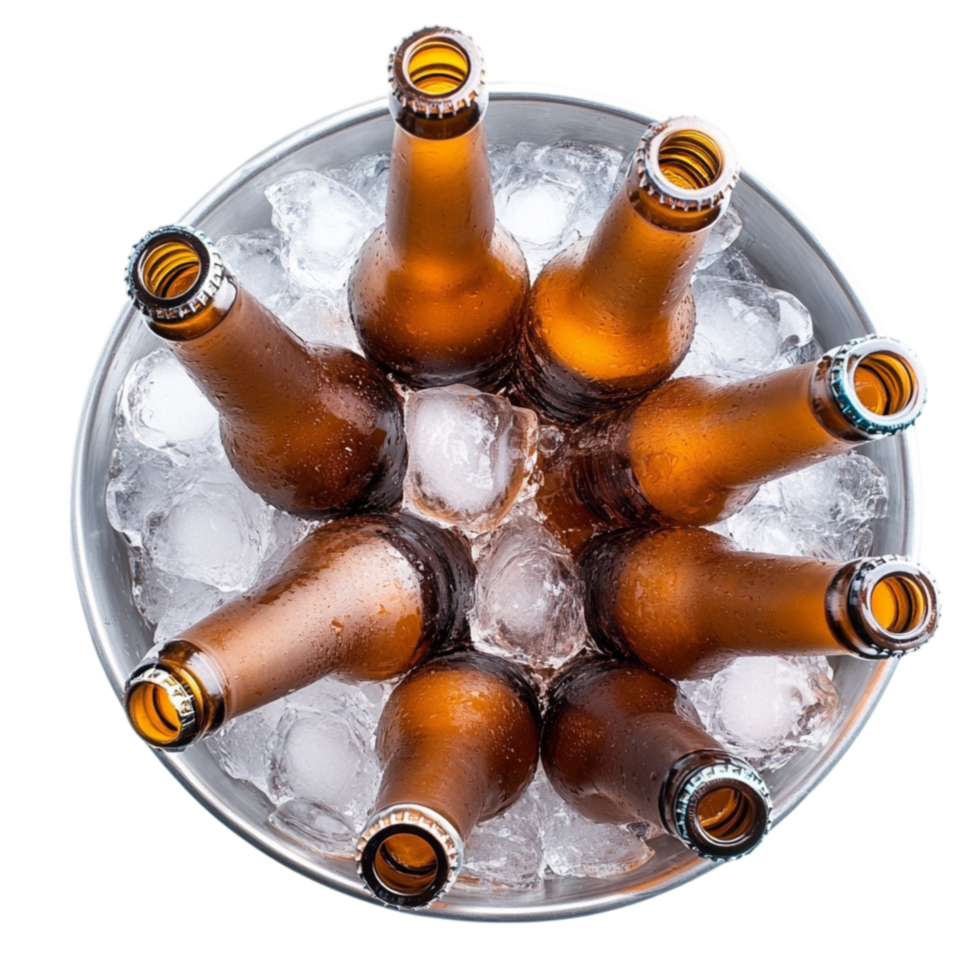 Chilled beer bottles arranged in a circle over crushed ice represent refreshment relaxation and the perfect way to enjoy a cold beverage png