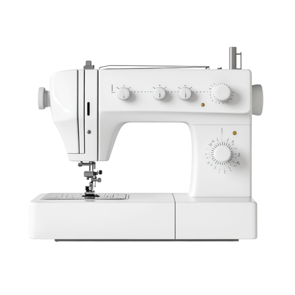 White sewing machine with multiple dials symbolizing creativity and the precision of crafting clothes and fabric designs png