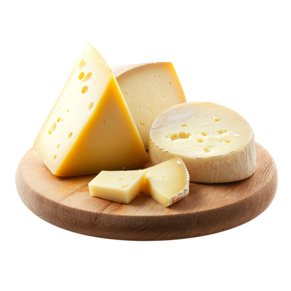 Wooden board with slices of different cheeses including a wedge of soft brie represents flavor variety and theistry of dairybased gourmet delicacies png