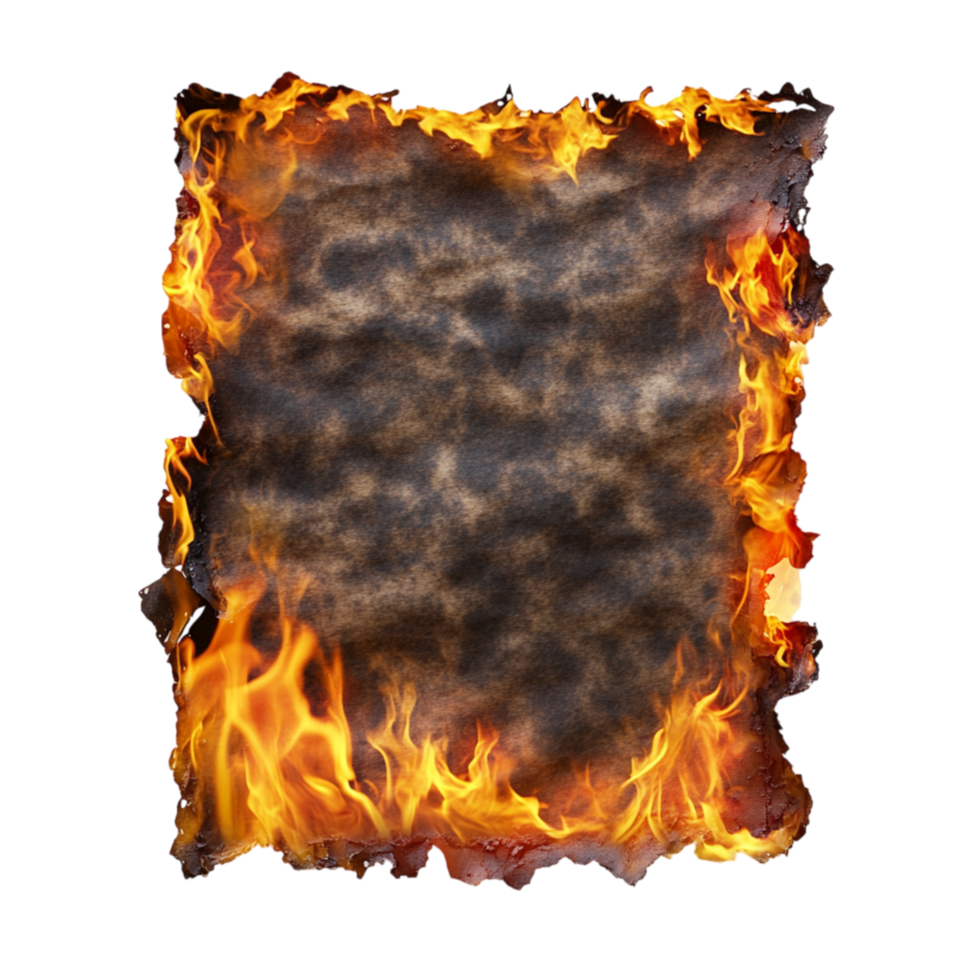 Burnt parchment with glowing flames around the edges represents destruction intensity and the dramatic effect of fire consuming fragile material png