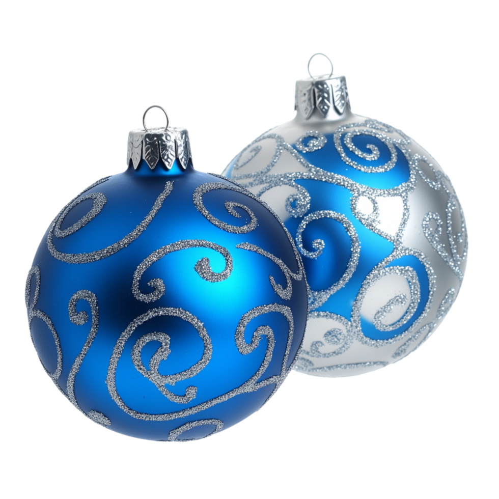 Two shiny blue Christmas ornaments with silver swirls represent festivity elegance and the sparkling beauty of holiday decorations during the winter season png
