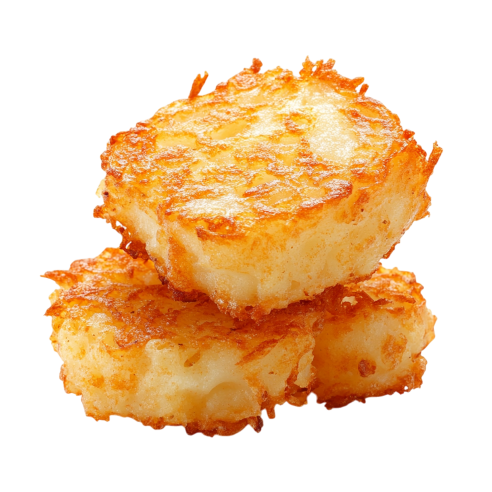 Crispy golden hash browns stacked together symbolizing crunchiness and the delicious appeal of breakfast favorites png