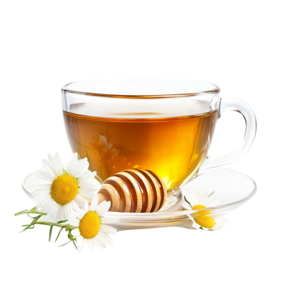 Warm cup of chamomile tea with honey and flowers symbolizing relaxation and the soothing benefits of natural herbal remedies png