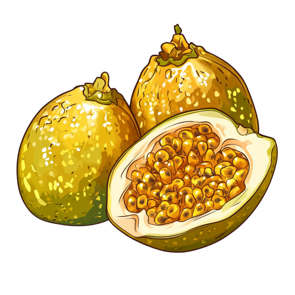 Whole and halved passion fruits with golden seeds symbolizing tropical flavors and the exotic sweetness of natures bounty png