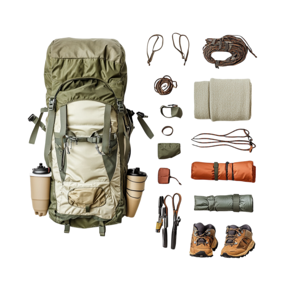 Complete camping gear set with backpack tent and accessories symbolizing survival and the wellprepared journey into nature png