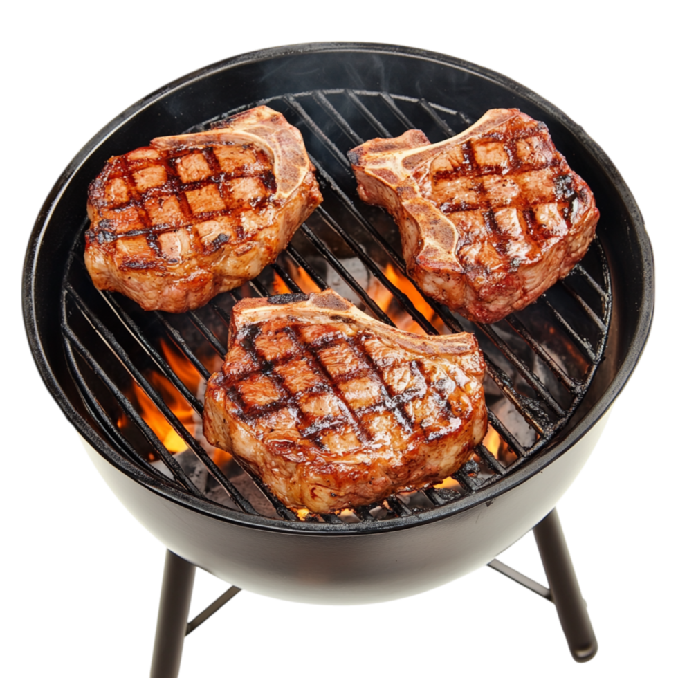 Juicy grilled steaks sizzling on a barbecue symbolizing flavor and the mouthwatering essence of outdoor cooking png