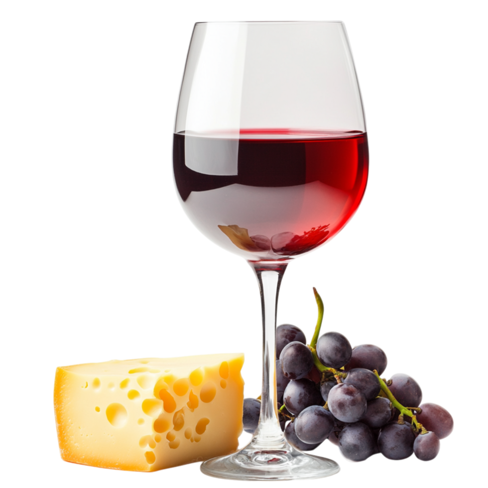 Glass of red wine with cheese and grapes symbolizing indulgence and the timeless pairing of exquisite flavors png