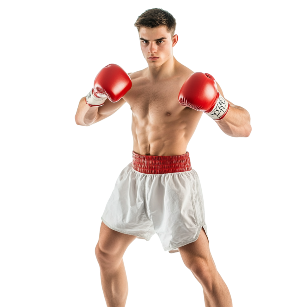 Determined boxer wearing red gloves and white shorts standing in a fighting stance ready to deliver powerful punches with confidence png