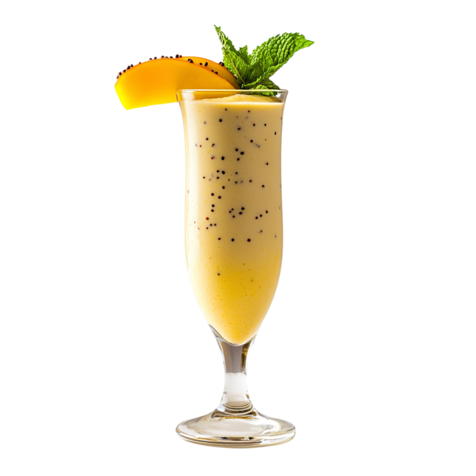 Refreshing tropical smoothie served in a tall glass garnished with a slice of orange and a sprig of mint creating a delightful and fruity drink png