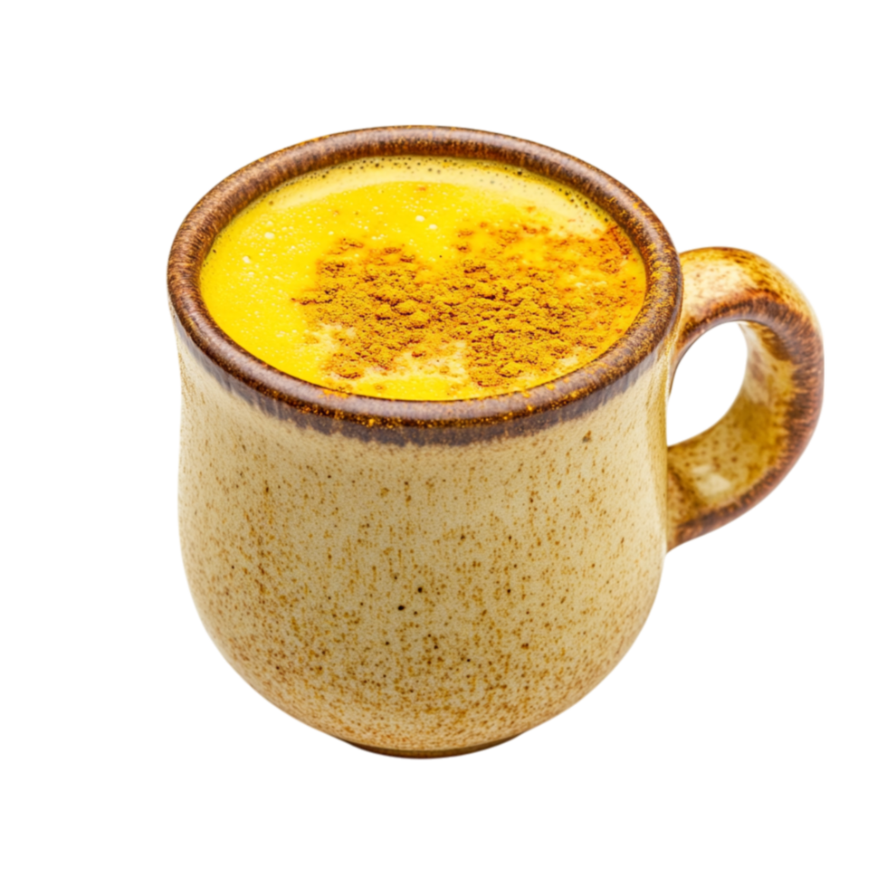 Steaming cup of golden turmeric latte in a rustic mug symbolizing warmth and the comforting embrace of a spiced beverage png