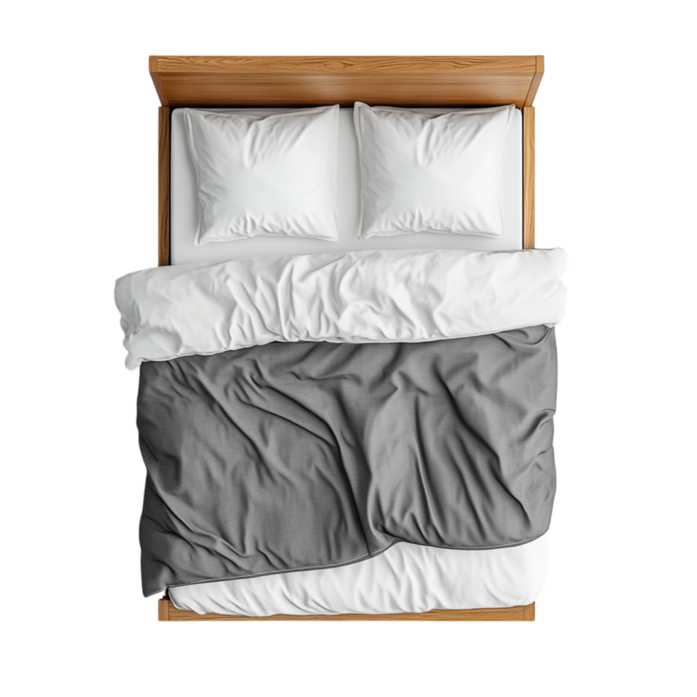Cozy wooden bed with soft pillows and a neatly arranged blanket offering comfort relaxation and a peaceful retreat for restful sleep png