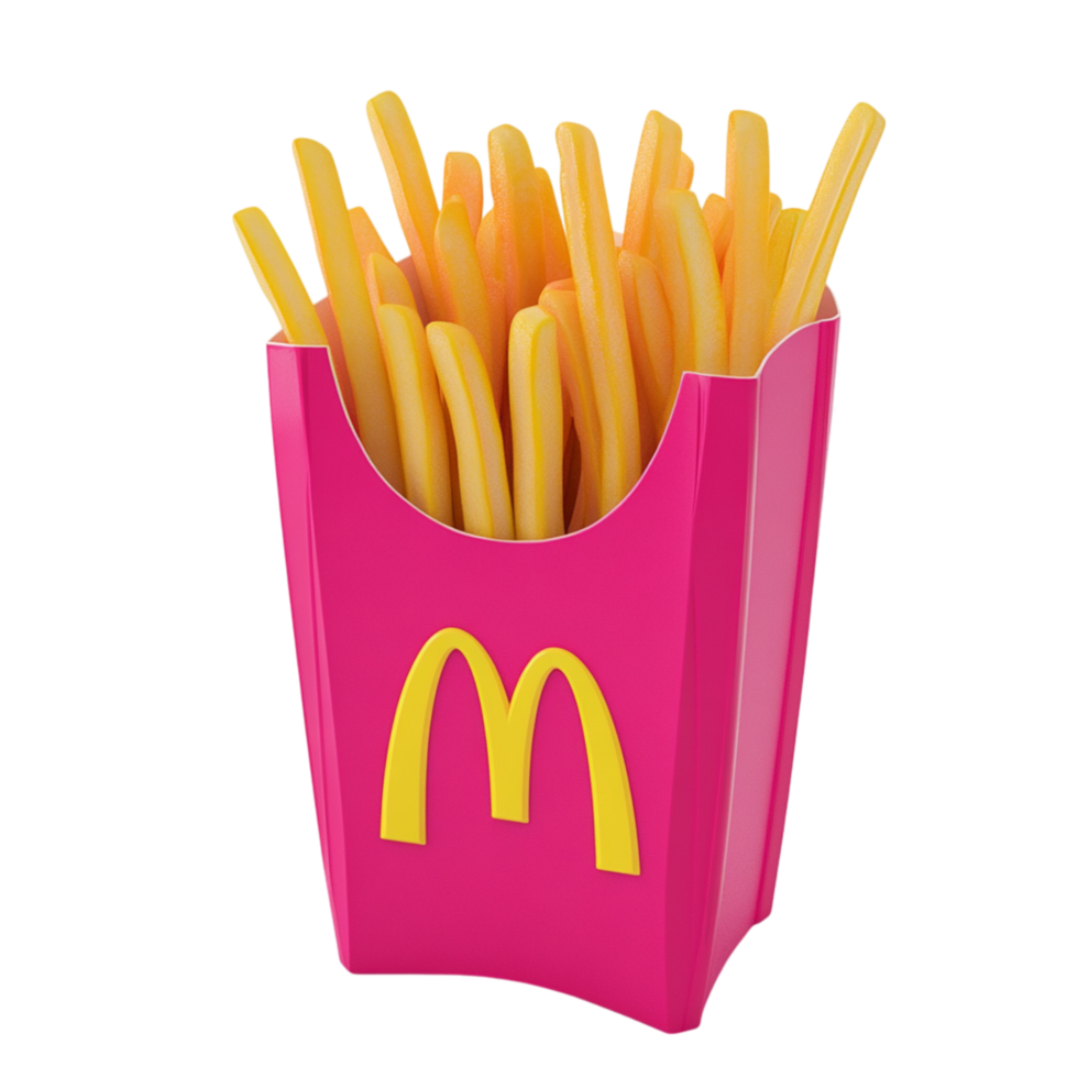 Crispy golden French fries neatly arranged in a branded red container offering a delicious and satisfying snack with a perfectly seasoned taste png
