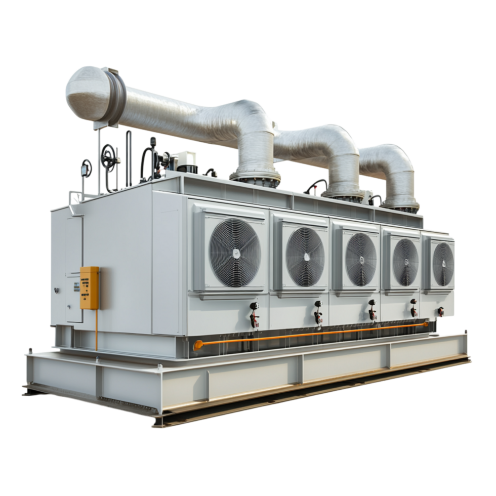 Large industrial air conditioning unit equipped with multiple cooling fans and pipes designed to regulate temperature in large facilities png