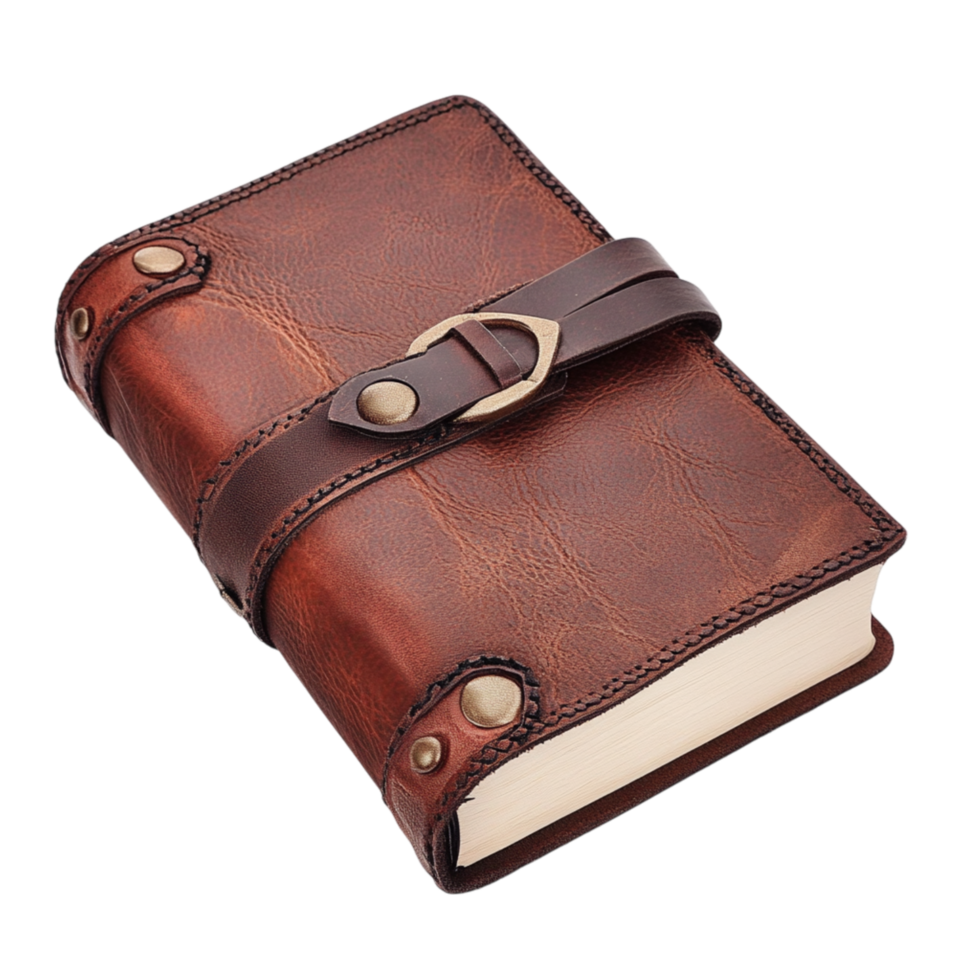 Elegant leatherbound journal with a secure strap closure offering a sophisticated space for writing thoughts ideas and creative expressions png
