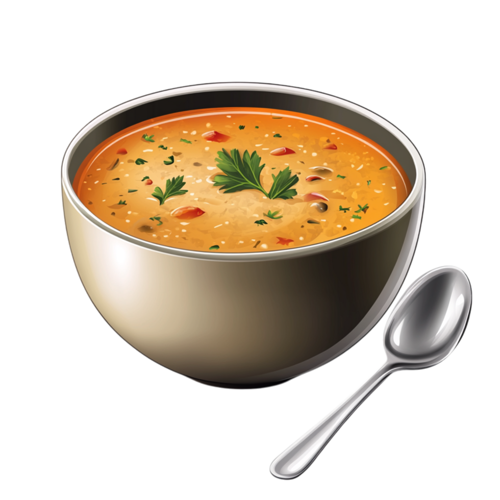 Bowl of hot vegetable soup garnished with fresh herbs and a spoon beside it symbolizing comfort nourishment and the rich flavors of homemade cuisine png