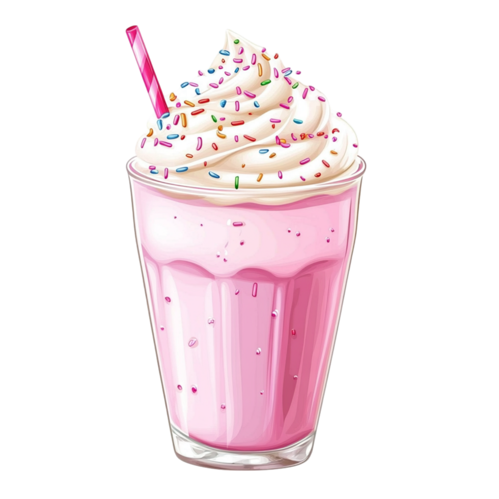 Creamy pink milkshake in a tall glass with whipped cream and colorful sprinkles symbolizes sweetness indulgence and the joy of delightful treats png
