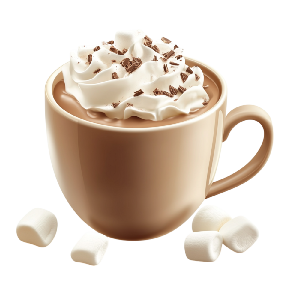 Warm cup of hot chocolate with fluffy whipped cream and tiny marshmallows symbolizes coziness sweetness and the comforting joy of winter beverages png