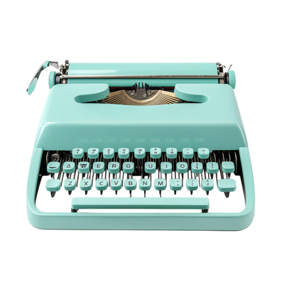 Retro blue typewriter with crisp white keys and a sleek design symbolizing creativity storytelling and the enduring appeal of mechanical writing devices png