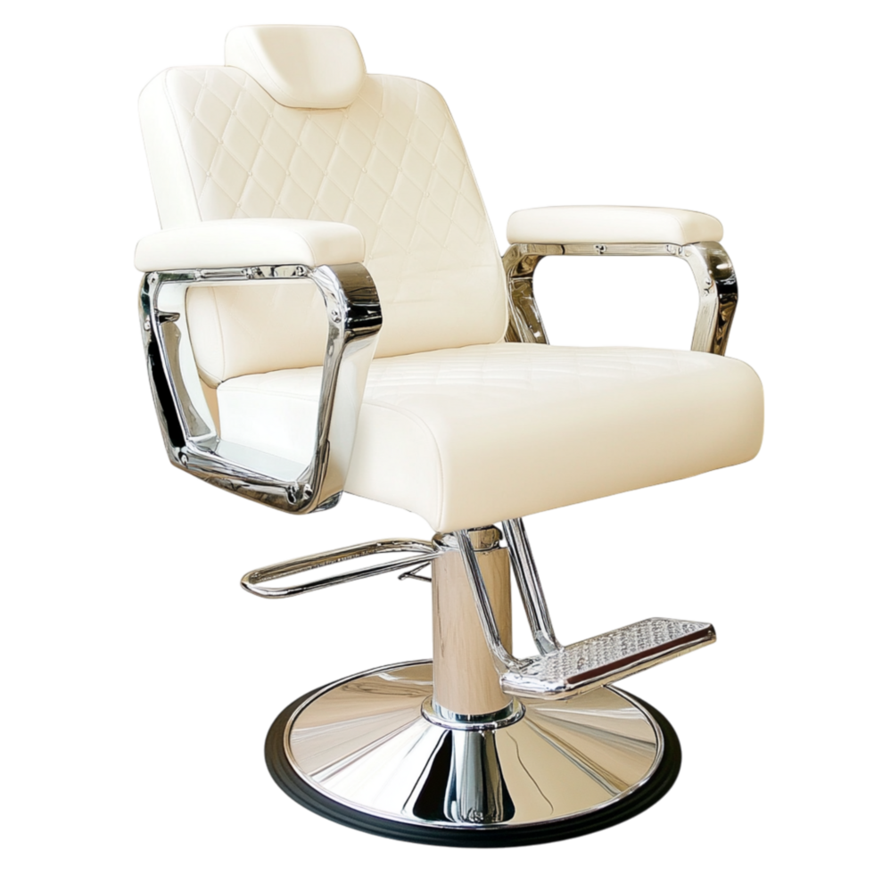 White leather barber chair with chrome armrests and a comfortable cushioned seat symbolizing grooming relaxation and the timeless elegance of classic salons png