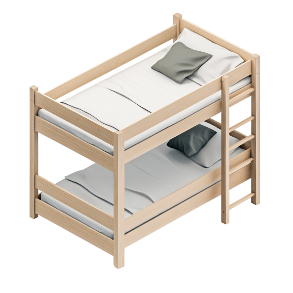 Sturdy wooden bunk bed with a natural frame and soft bedding symbolizes spacesaving comfort and the practicality of shared sleeping areas png