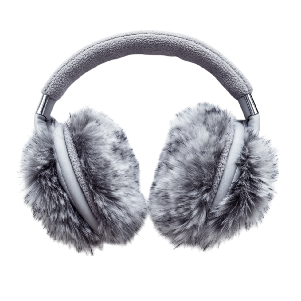 Fluffy gray earmuffs with a soft plush texture and an adjustable band keeping ears warm and cozy while providing a stylish winter accessory png