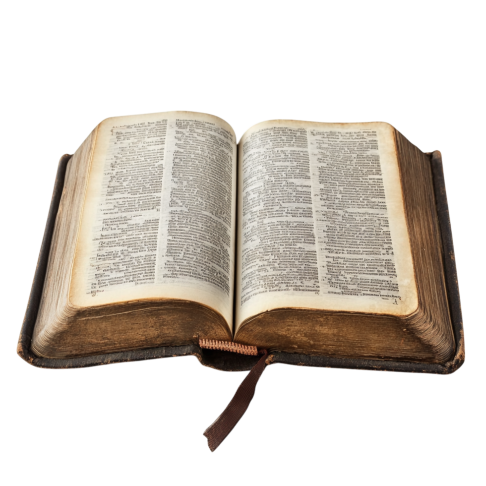 Open ancient book with yellowed pages and a worn leather cover holding timeless wisdom and stories from the past for generations to discover png