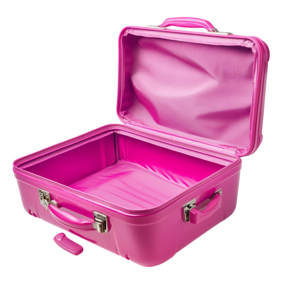Vibrant pink open suitcase with a sleek hardshell design and silver locks ready to carry essentials for an exciting travel adventure or getaway png