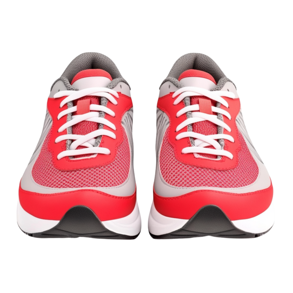 Sleek red and white athletic sneakers with a cushioned sole and breathable mesh design ensuring comfort durability and style for active lifestyles png