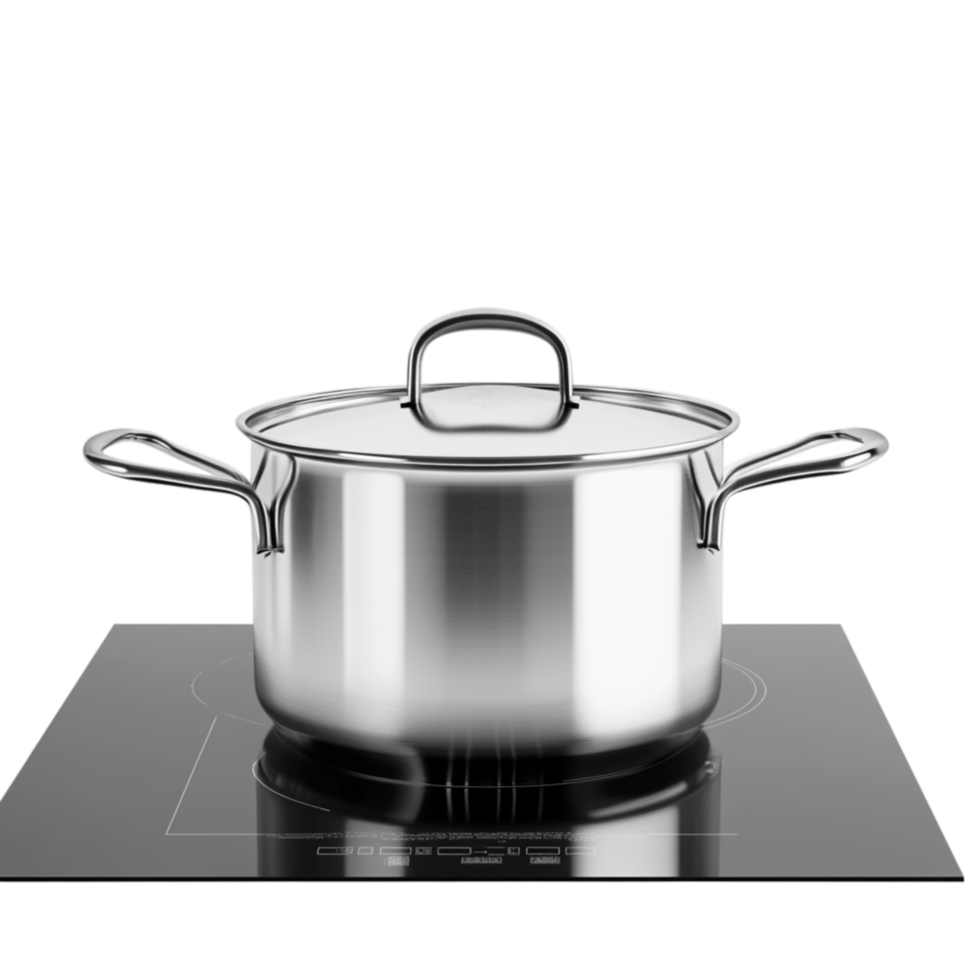 Stainless steel cooking pot with a reflective lid placed on an induction stove symbolizing culinary expertise efficiency and the timeless of home cooking png