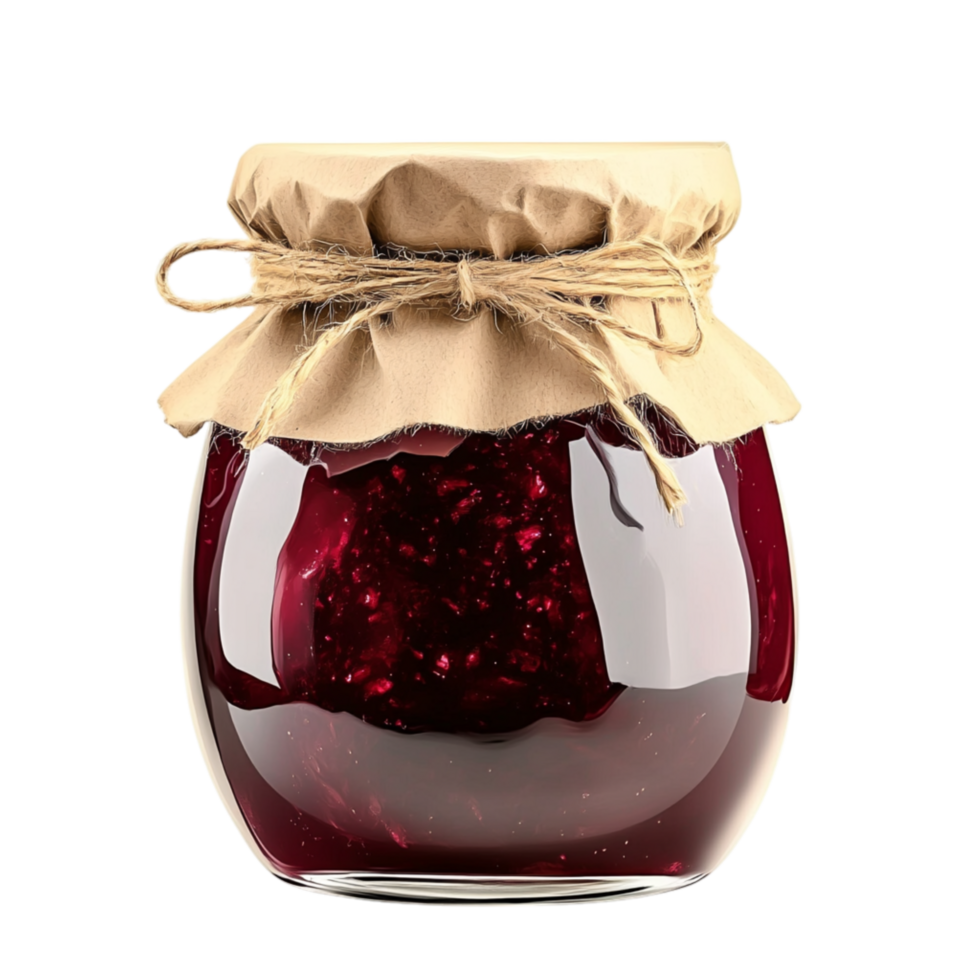 Rustic glass jar of raspberry jam with a paper cover and twine ribbon symbolizesisanal craftsmanship sweetness and the nostalgia of homemade preserves png