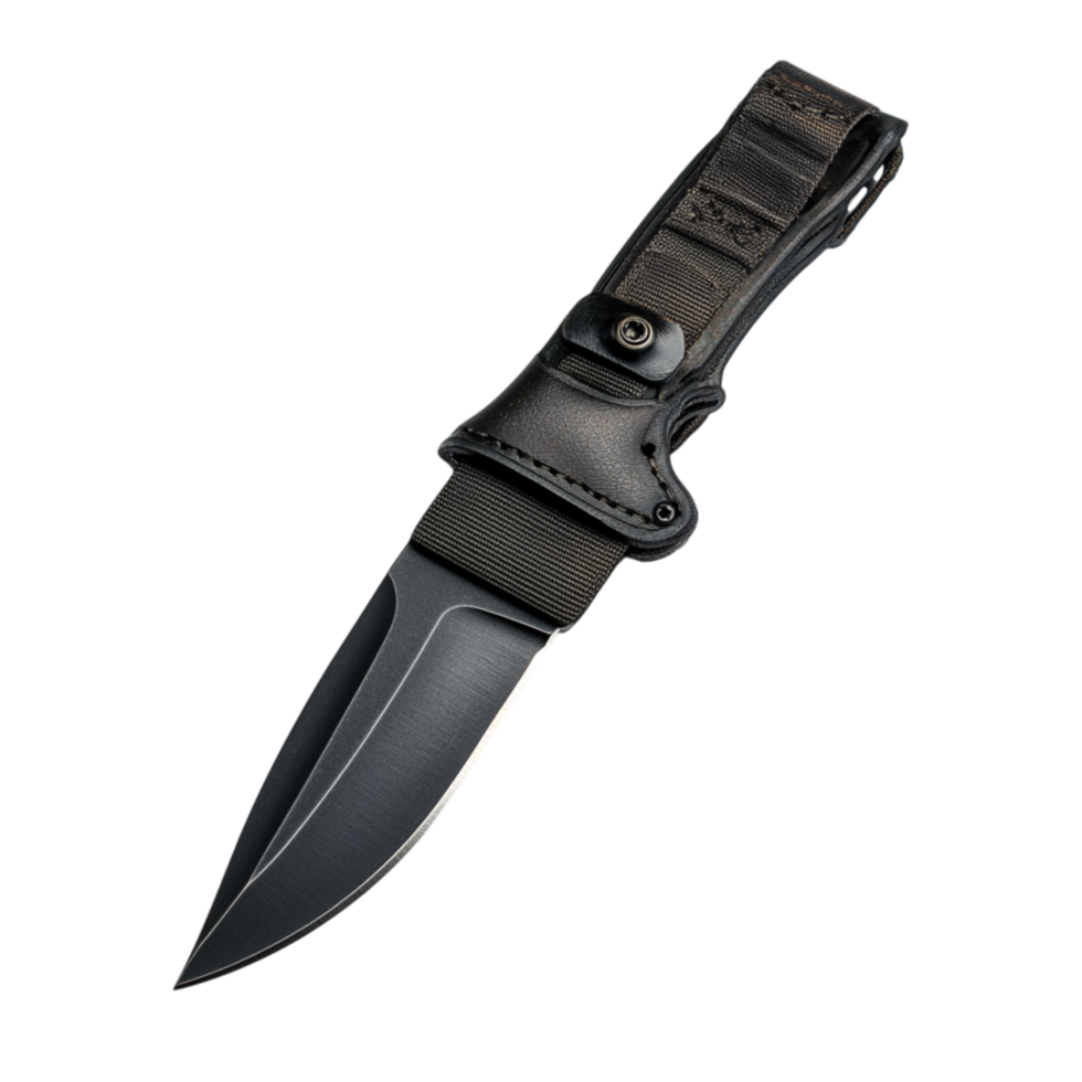 Tactical black knife with a sharp blade and a secure sheath symbolizing strength survival and the essential utility of outdoor gear png