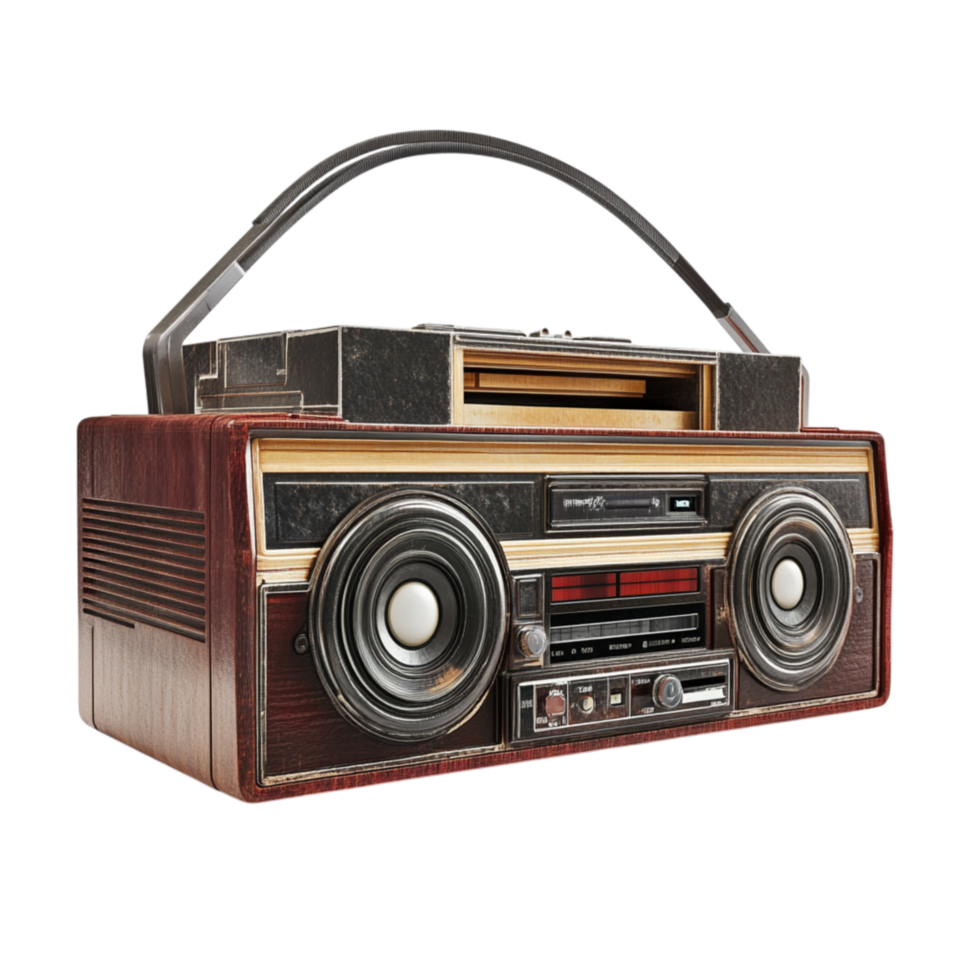 Vintage radio with wooden casing large speakers and a retractable antenna symbolizing nostalgia communication and the golden age of broadcasting png