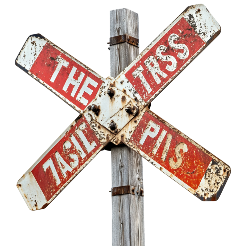 Rustic railroad crossing sign with faded red lettering and a weathered wooden frame symbolizes history caution and the nostalgic essence of vintage railway culture png