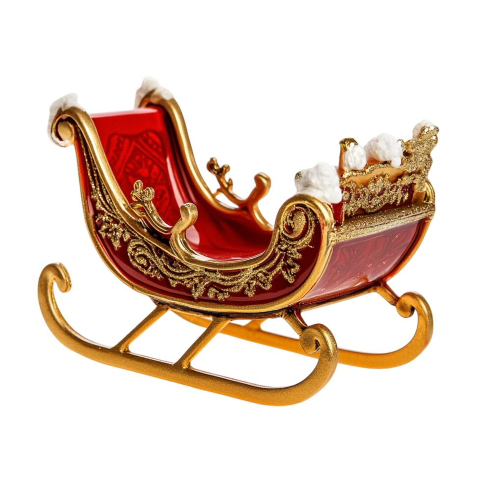 Golden sleigh with intricate carvings and plush red seating symbolizing magic wonder and the enchanting tradition of Santas journey through snowy skies png