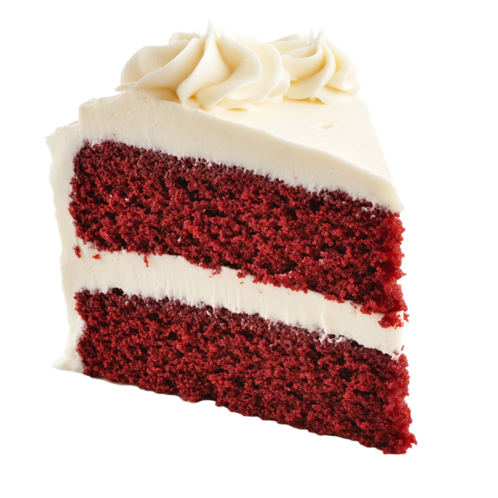 Piece of red velvet cake with white frosting and rich moist layers symbolizing celebration flavor and the luxurious taste of classic confections png