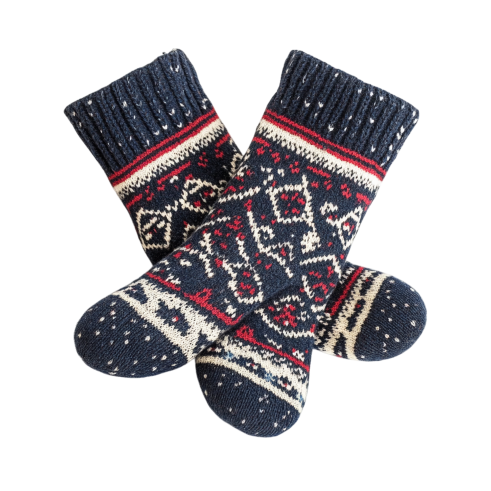Pair of knitted winter socks with intricate festive patterns symbolizing warmth tradition and the charming coziness of seasonal fashion png