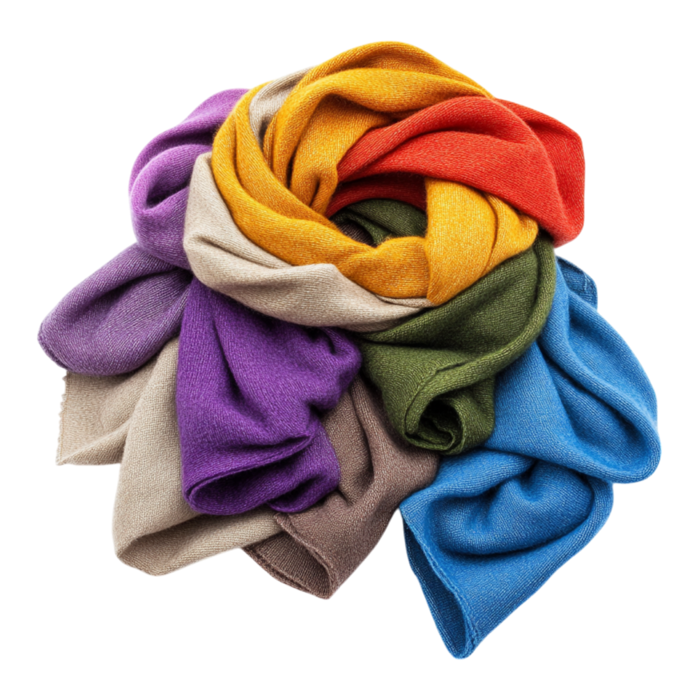 Soft fabric scarves in a circular arrangement with vibrant colors symbolizing comfort elegance and the expressive beauty of fashion accessories png