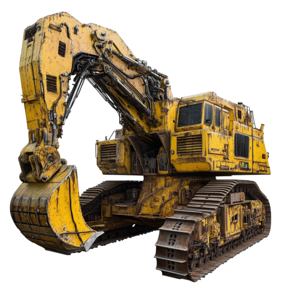 Large industrial excavator with a metal arm and powerful digging bucket standing robustly representing construction strength and the essential role of heavy machinery in building projects png